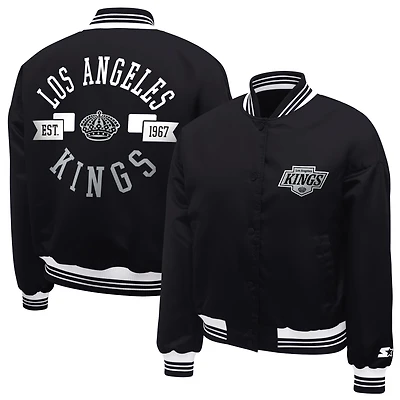 Women's Starter  Black Los Angeles Kings Printed Round Team Logo Satin Varsity Full-Snap Jacket