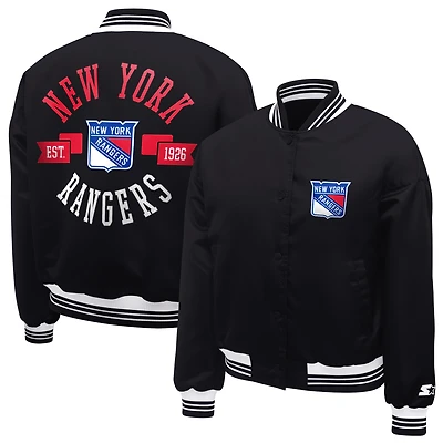 Women's Starter  Black New York Rangers Printed Round Team Logo Satin Varsity Full-Snap Jacket