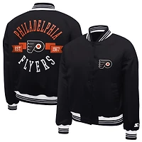 Women's Starter  Black Philadelphia Flyers Printed Round Team Logo Satin Varsity Full-Snap Jacket