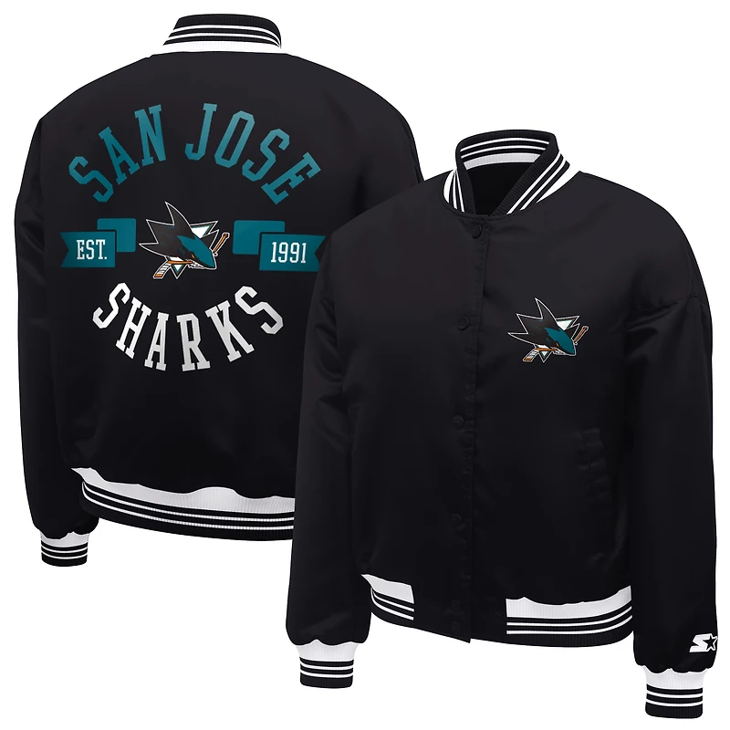 Women's Starter  Black San Jose Sharks Printed Round Team Logo Satin Varsity Full-Snap Jacket