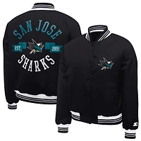 Women's Starter  Black San Jose Sharks Printed Round Team Logo Satin Varsity Full-Snap Jacket