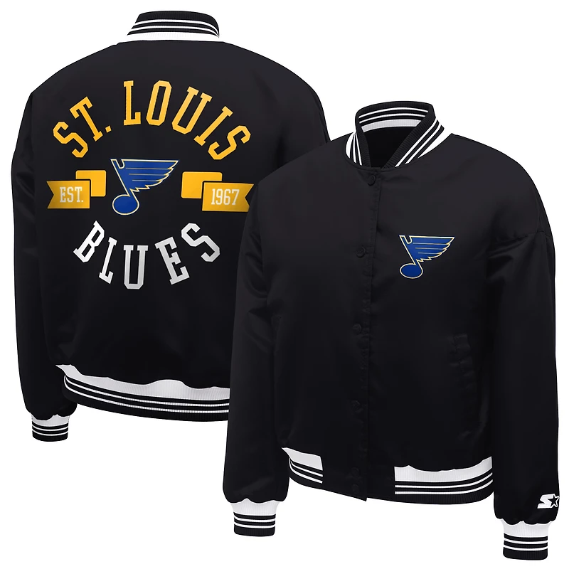 Women's Starter  Black St. Louis Blues Printed Round Team Logo Satin Varsity Full-Snap Jacket
