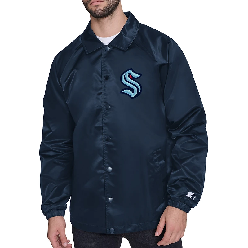 Men's Starter  Navy Seattle Kraken Printed Logo Coaches Full-Snap Jacket