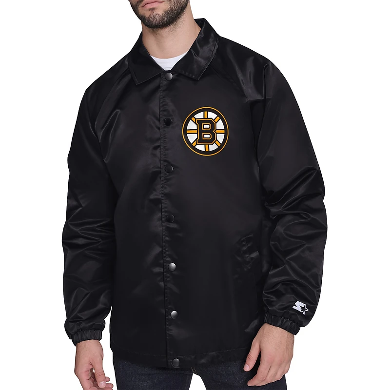 Men's Starter  Black Boston Bruins Printed Logo Coaches Full-Snap Jacket