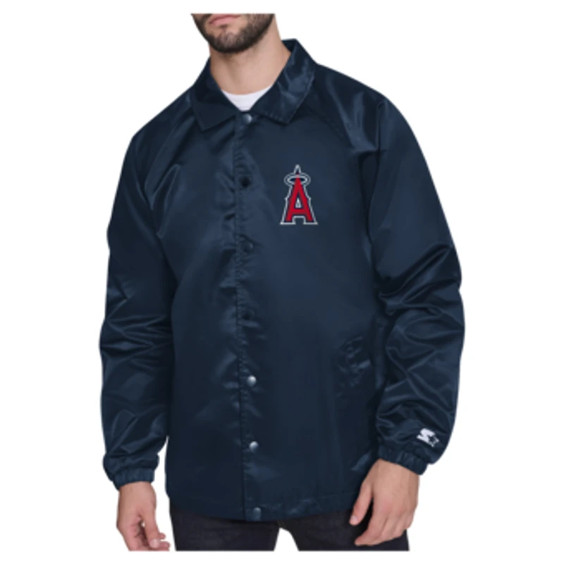 Men's Starter  Navy Los Angeles Angels Shield Logo Raglan Coaches Full-Snap Jacket