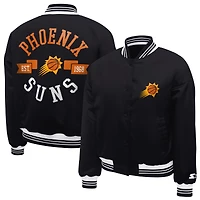 Women's Starter  Black Phoenix Suns Printed Logo Cropped Satin Varsity Full-Snap Jacket