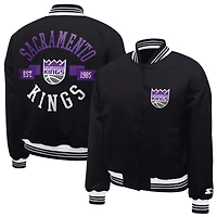 Women's Starter  Black Sacramento Kings Printed Logo Cropped Satin Varsity Full-Snap Jacket