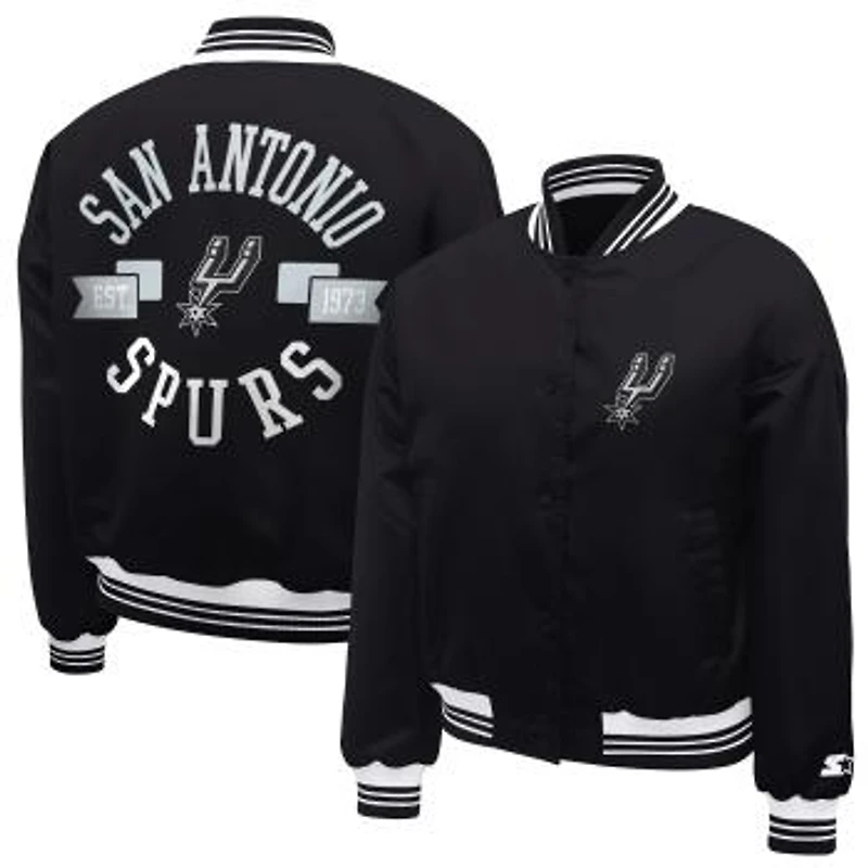 Women's Starter Black San Antonio Spurs Printed Logo Cropped Satin Varsity Full-Snap Jacket