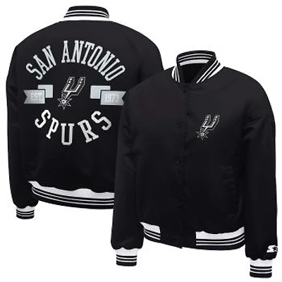 Women's Starter Black San Antonio Spurs Printed Logo Cropped Satin Varsity Full-Snap Jacket