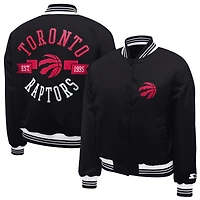 Women's Starter  Black Toronto Raptors Printed Logo Cropped Satin Varsity Full-Snap Jacket