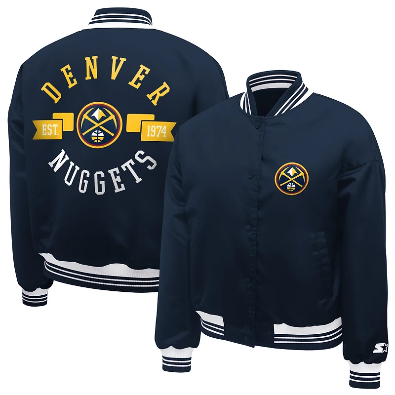 Women's Starter Navy Denver Nuggets Printed Logo Cropped Satin Varsity Full-Snap Jacket