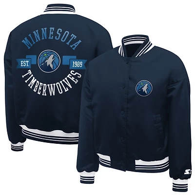 Women's Starter  Navy Minnesota Timberwolves Printed Logo Cropped Satin Varsity Full-Snap Jacket