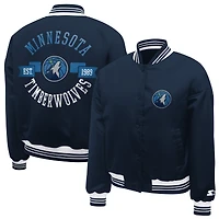 Women's Starter  Navy Minnesota Timberwolves Printed Logo Cropped Satin Varsity Full-Snap Jacket