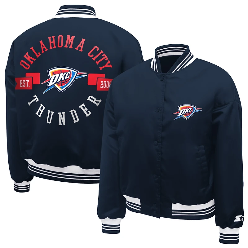 Women's Starter  Navy Oklahoma City Thunder Printed Logo Cropped Satin Varsity Full-Snap Jacket