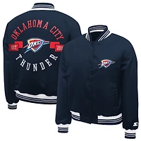 Women's Starter  Navy Oklahoma City Thunder Printed Logo Cropped Satin Varsity Full-Snap Jacket