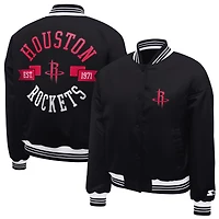 Women's Starter  Black Houston Rockets Printed Logo Cropped Satin Varsity Full-Snap Jacket