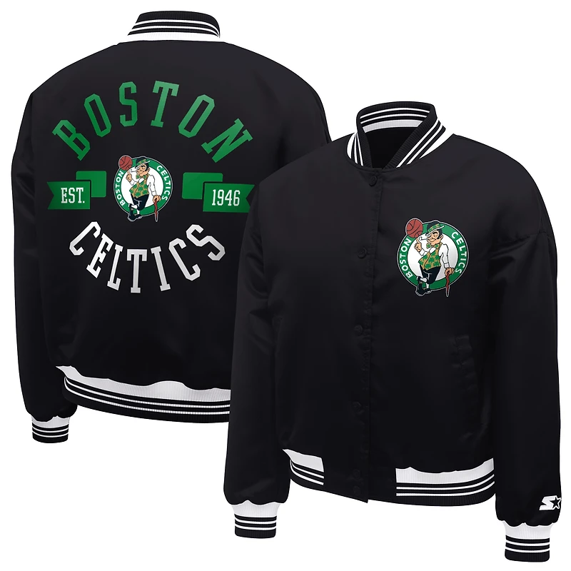 Women's Starter  Black Boston Celtics Printed Logo Cropped Satin Varsity Full-Snap Jacket