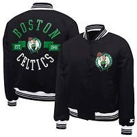 Women's Starter  Black Boston Celtics Printed Logo Cropped Satin Varsity Full-Snap Jacket