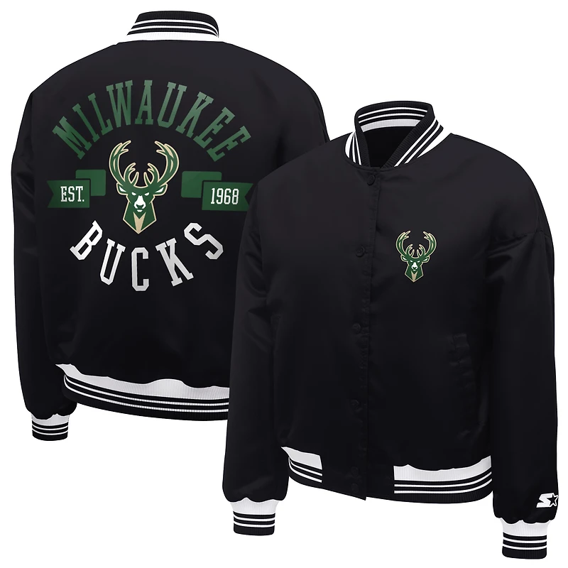 Women's Starter  Black Milwaukee Bucks Printed Logo Cropped Satin Varsity Full-Snap Jacket
