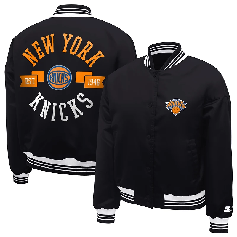 Women's Starter  Black New York Knicks Printed Logo Cropped Satin Varsity Full-Snap Jacket