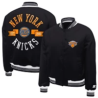 Women's Starter  Black New York Knicks Printed Logo Cropped Satin Varsity Full-Snap Jacket