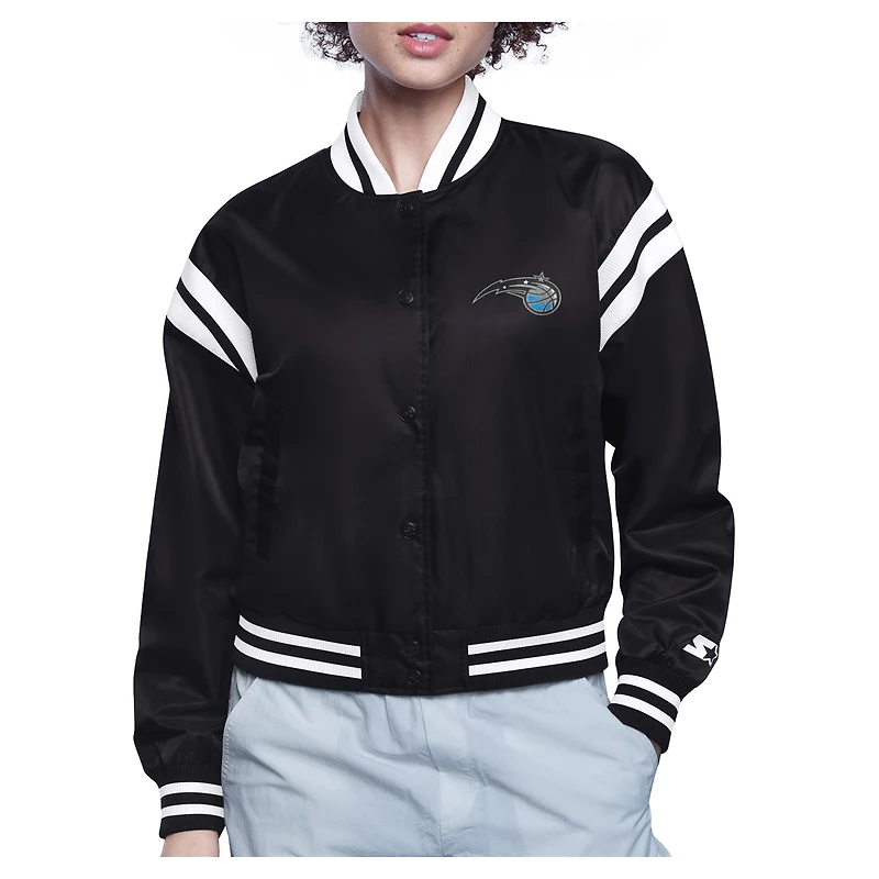 Women's Starter  Black Orlando Magic Printed Logo Cropped Satin Varsity Full-Snap Jacket