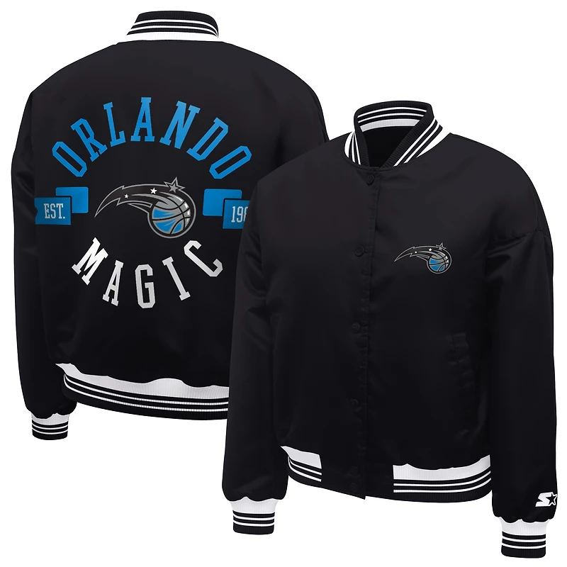 Women's Starter Black Orlando Magic Printed Logo Cropped Satin Varsity Full-Snap Jacket