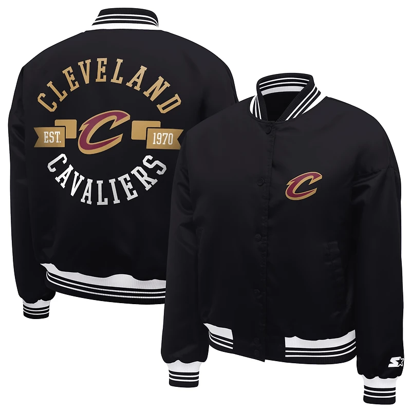 Women's Starter  Black Cleveland Cavaliers Printed Logo Cropped Satin Varsity Full-Snap Jacket