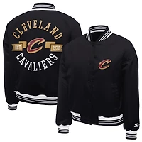 Women's Starter  Black Cleveland Cavaliers Printed Logo Cropped Satin Varsity Full-Snap Jacket