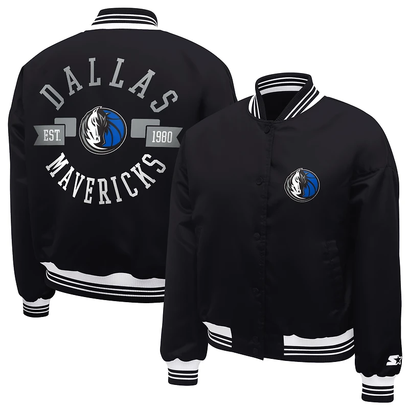 Women's Starter  Black Dallas Mavericks Printed Logo Cropped Satin Varsity Full-Snap Jacket