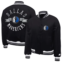 Women's Starter  Black Dallas Mavericks Printed Logo Cropped Satin Varsity Full-Snap Jacket