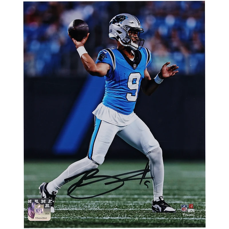 Bryce Young Carolina Panthers Autographed 8" x 10" Vertical Passing in Blue Jersey Photograph