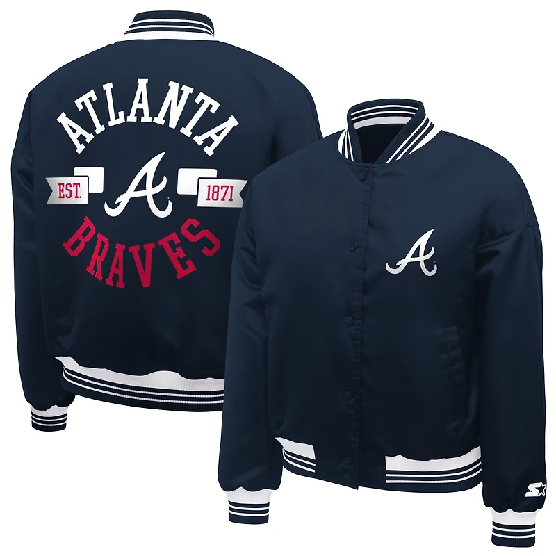 Women's Starter Navy Atlanta Braves Printed Logo Cropped Satin Varsity Full-Snap Jacket