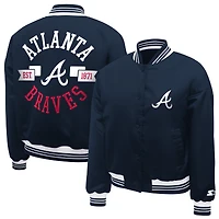 Women's Starter  Navy Atlanta Braves Printed Logo Cropped Satin Varsity Full-Snap Jacket
