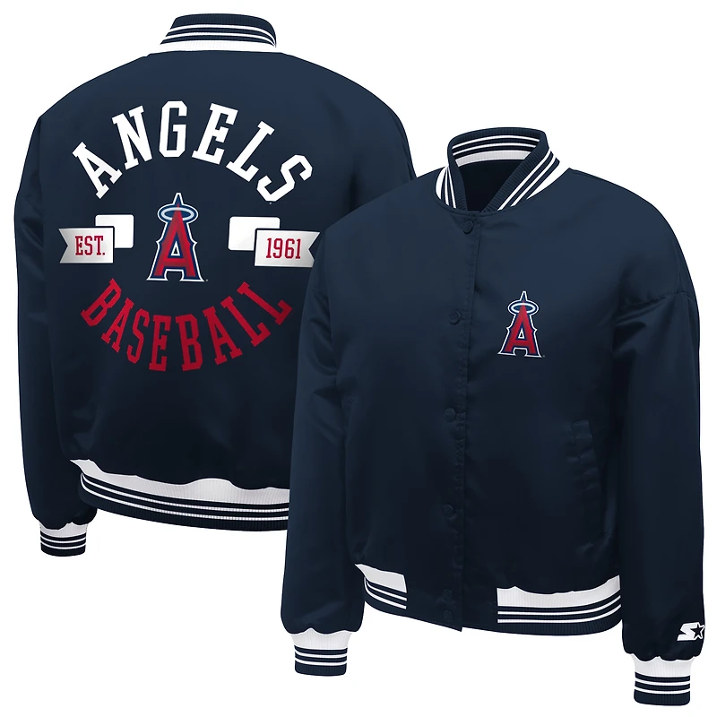 Women's Starter  Navy Los Angeles Angels Printed Logo Cropped Satin Varsity Full-Snap Jacket