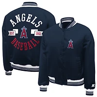 Women's Starter  Navy Los Angeles Angels Printed Logo Cropped Satin Varsity Full-Snap Jacket
