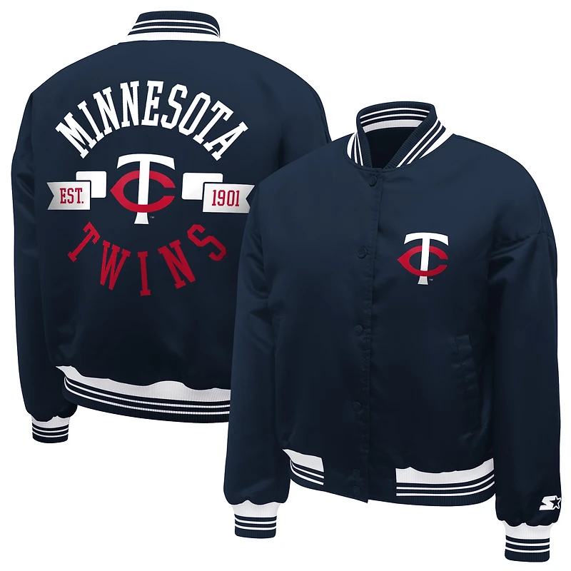 Women's Starter Navy Minnesota Twins Printed Logo Cropped Satin Varsity Full-Snap Jacket