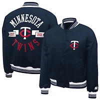 Women's Starter  Navy Minnesota Twins Printed Logo Cropped Satin Varsity Full-Snap Jacket