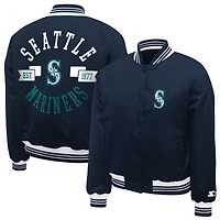 Women's Starter  Navy Seattle Mariners Printed Logo Cropped Satin Varsity Full-Snap Jacket