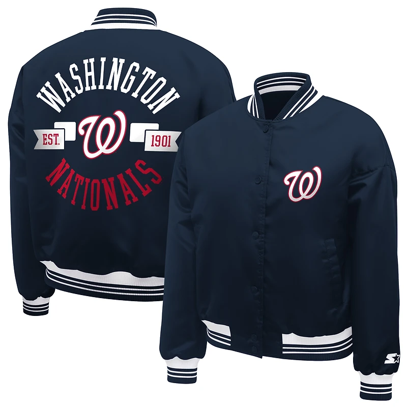 Women's Starter Navy Washington Nationals Printed Logo Cropped Satin Varsity Full-Snap Jacket