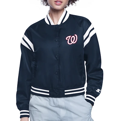 Women's Starter  Navy Washington Nationals Printed Logo Cropped Satin Varsity Full-Snap Jacket