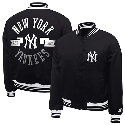 Women's Starter  Black New York Yankees Printed Logo Cropped Satin Varsity Full-Snap Jacket