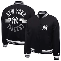 Women's Starter  Black New York Yankees Printed Logo Cropped Satin Varsity Full-Snap Jacket