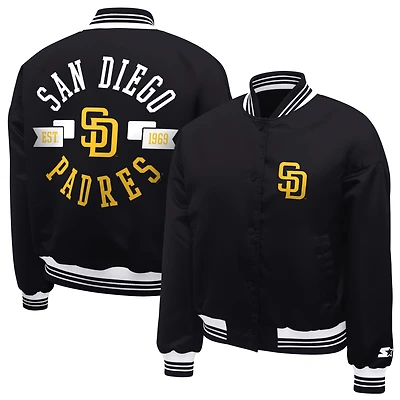 Women's Starter  Black San Diego Padres Printed Logo Cropped Satin Varsity Full-Snap Jacket