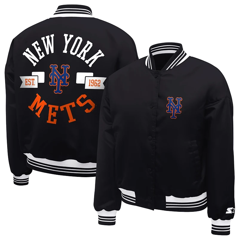 Women's Starter  Black New York Mets Printed Logo Cropped Satin Varsity Full-Snap Jacket
