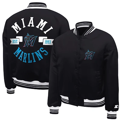 Women's Starter  Black Florida Marlins Printed Logo Cropped Satin Varsity Full-Snap Jacket