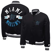 Women's Starter  Black Florida Marlins Printed Logo Cropped Satin Varsity Full-Snap Jacket