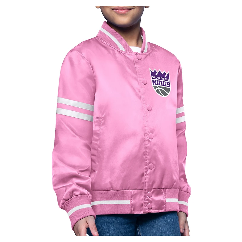 Youth Starter  Pink Sacramento Kings Printed Logo Varsity Satin Full-Snap Jacket