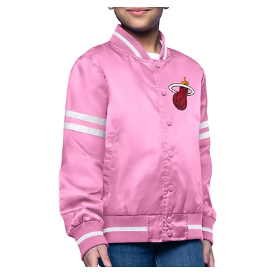 Youth Starter Pink Miami Heat Printed Logo Varsity Satin Full-Snap Jacket