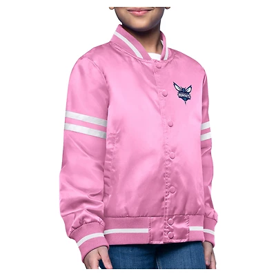 Youth Starter Pink Charlotte Hornets Printed Logo Varsity Satin Full-Snap Jacket